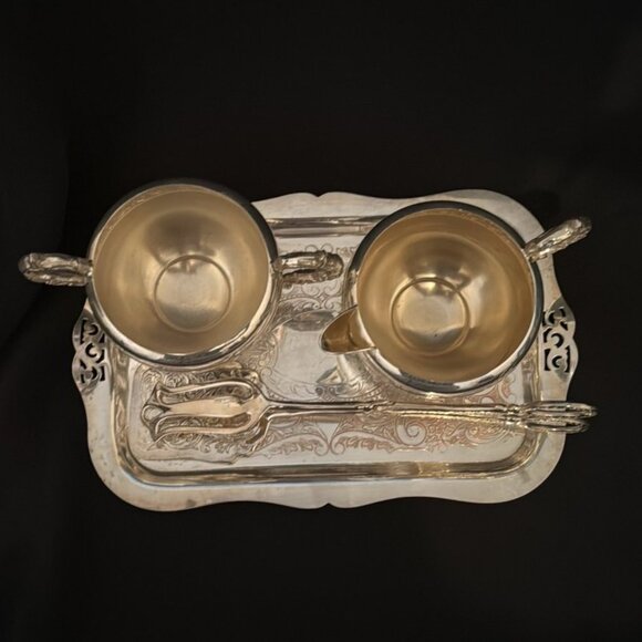 Vintage Silverplate Tea Set: Tray, Creamer, Sugar Bowl, Fork: E.P. Copper Canada - Picture 2 of 10